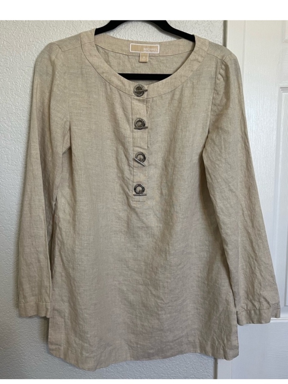Michael Kors Beige Linen Tunic Top | Long Sleeve Button Detail Minimalist